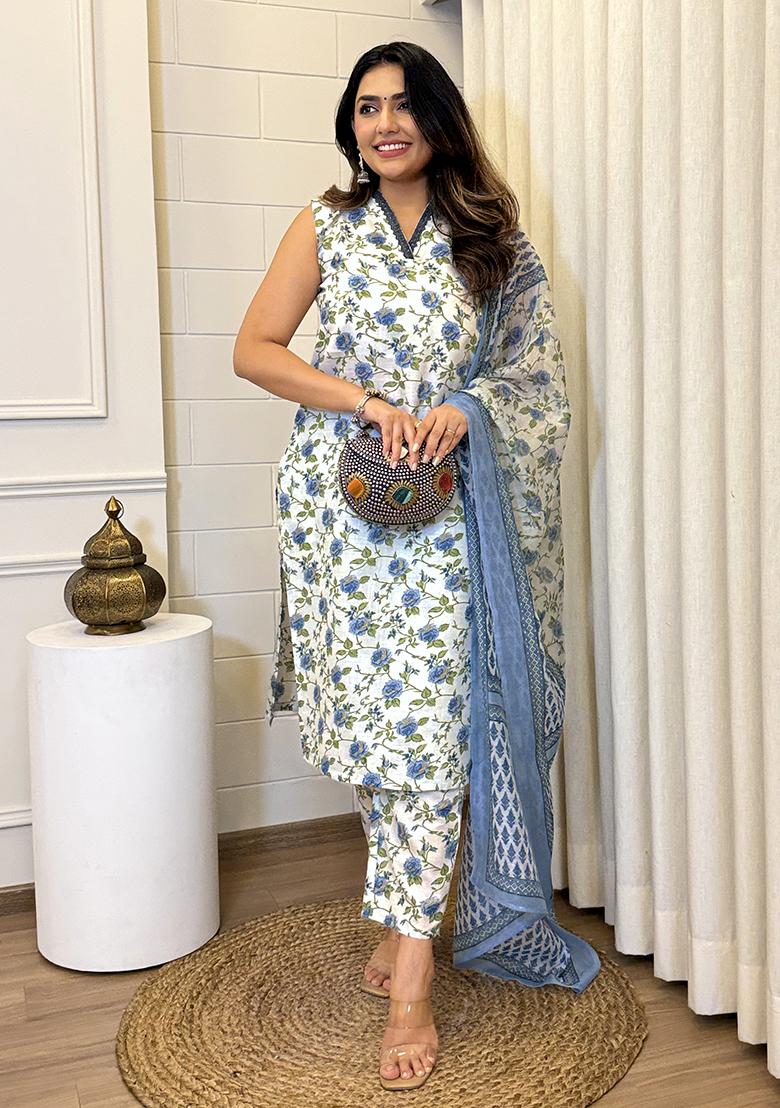 Rama Embroidered Cotton Salwar Kameez With Dupatta