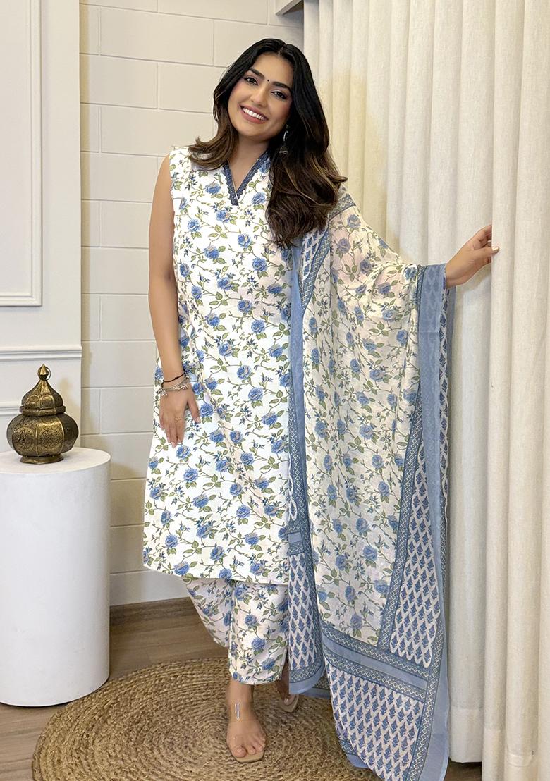 Rama Embroidered Cotton Salwar Kameez With Dupatta