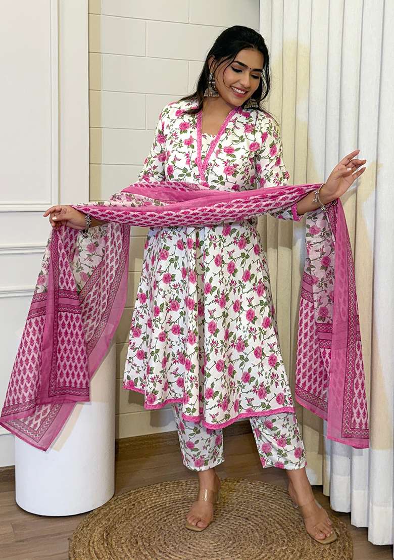 Pink Embroidered Cotton Salwar Kameez With Dupatta - Indya