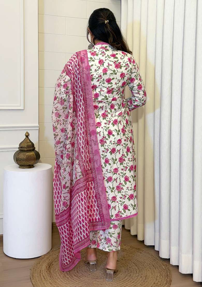 Pink Embroidered Cotton Salwar Kameez With Dupatta - Indya