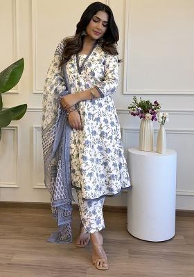 Rama Embroidered Cotton Salwar Kameez With Dupatta