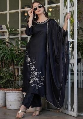 Black Embroidered Viscose Salwar Kameez With Dupatta