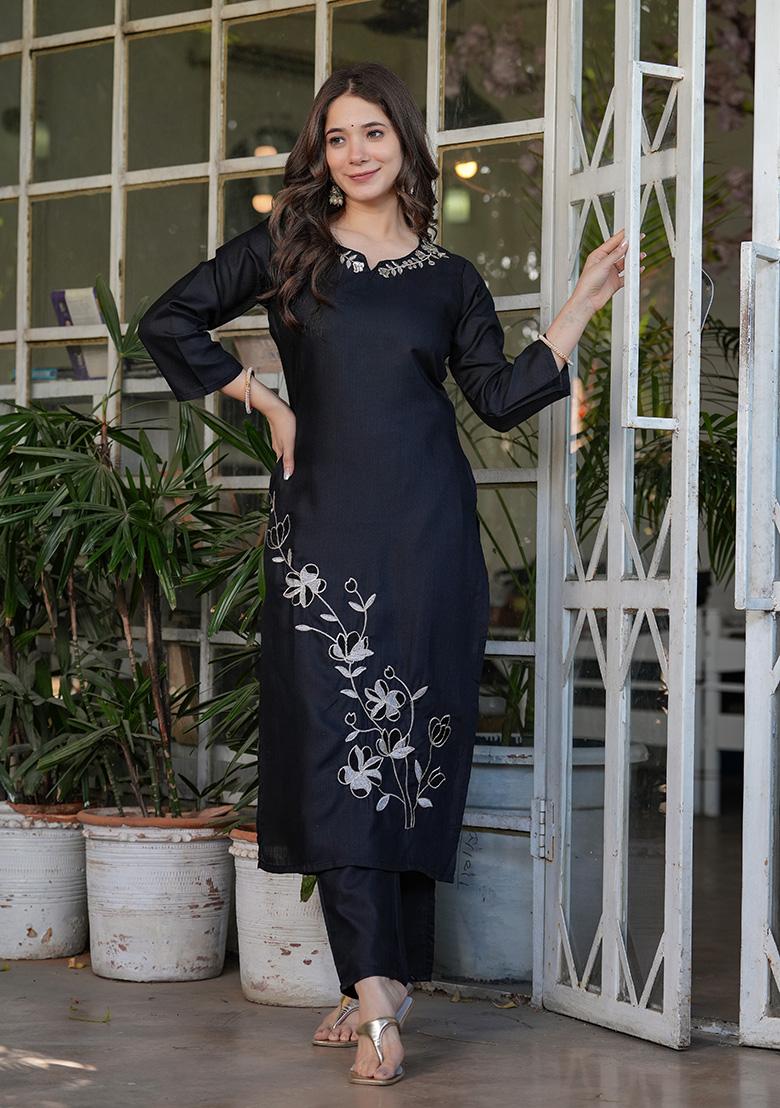 Black Embroidered Viscose Salwar Kameez With Dupatta