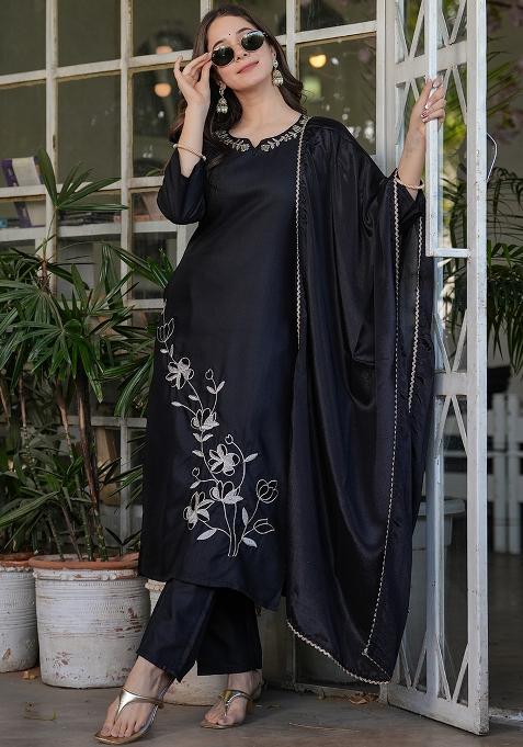 Black Embroidered Viscose Straight Kurta Set
