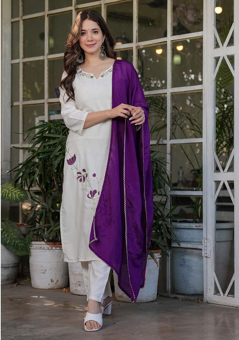 Off White Embroidered Viscose Straight Kurta Set - Indya