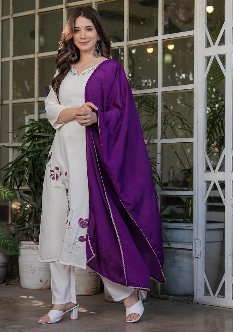 Off White Embroidered Viscose Salwar Kameez With Dupatta