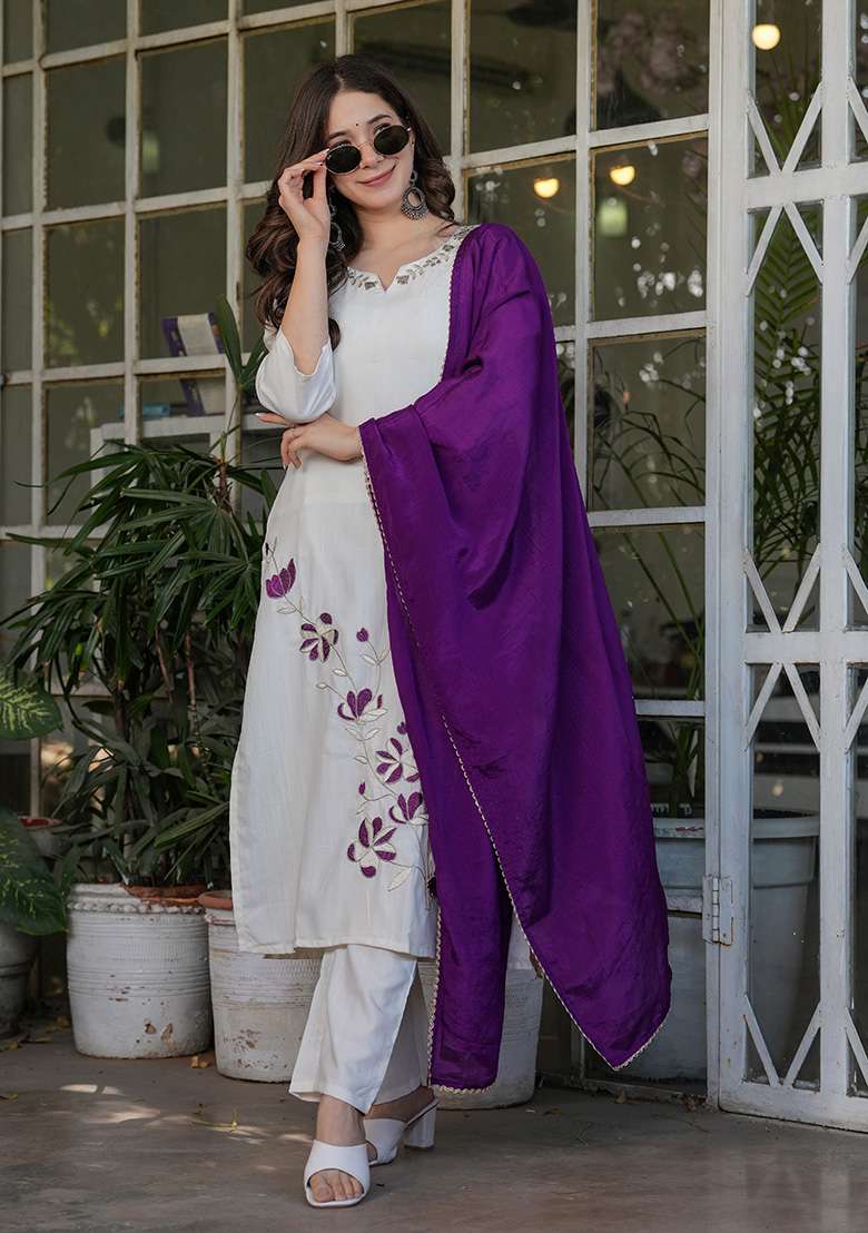 Off White Embroidered Viscose Straight Kurta Set - Indya