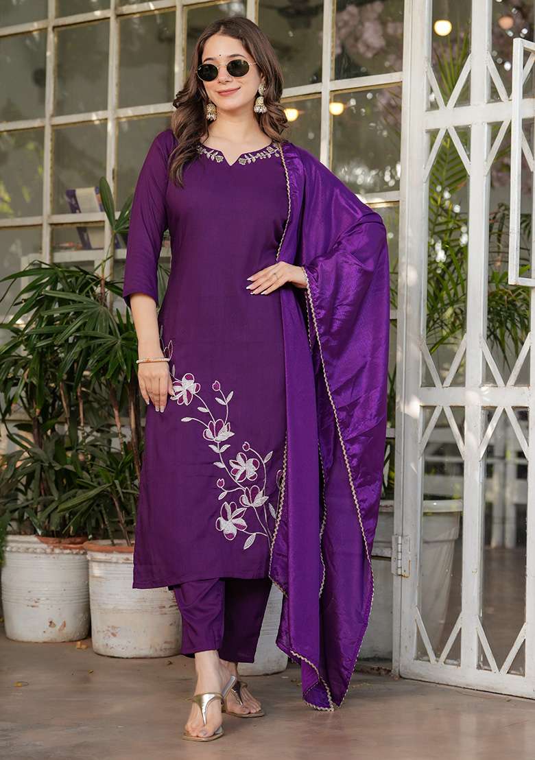 Wine Embroidered Viscose Straight Kurta Set - Indya