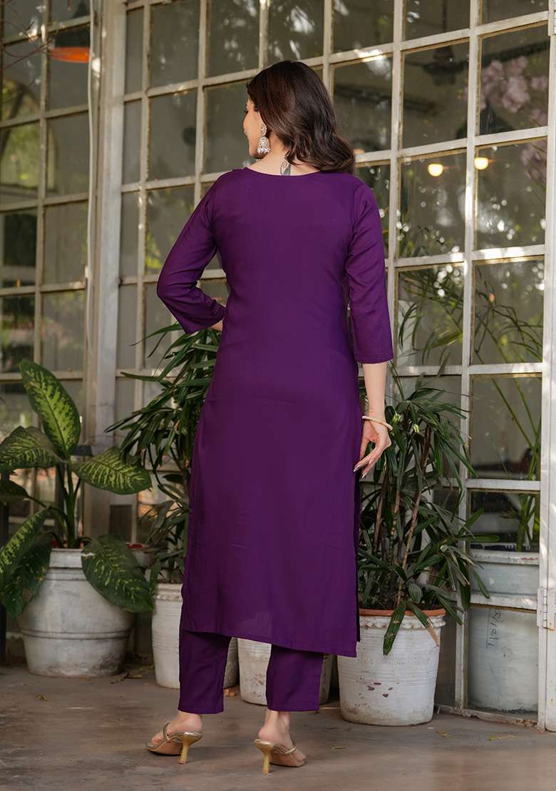 Wine Embroidered Viscose Straight Kurta Set - Indya