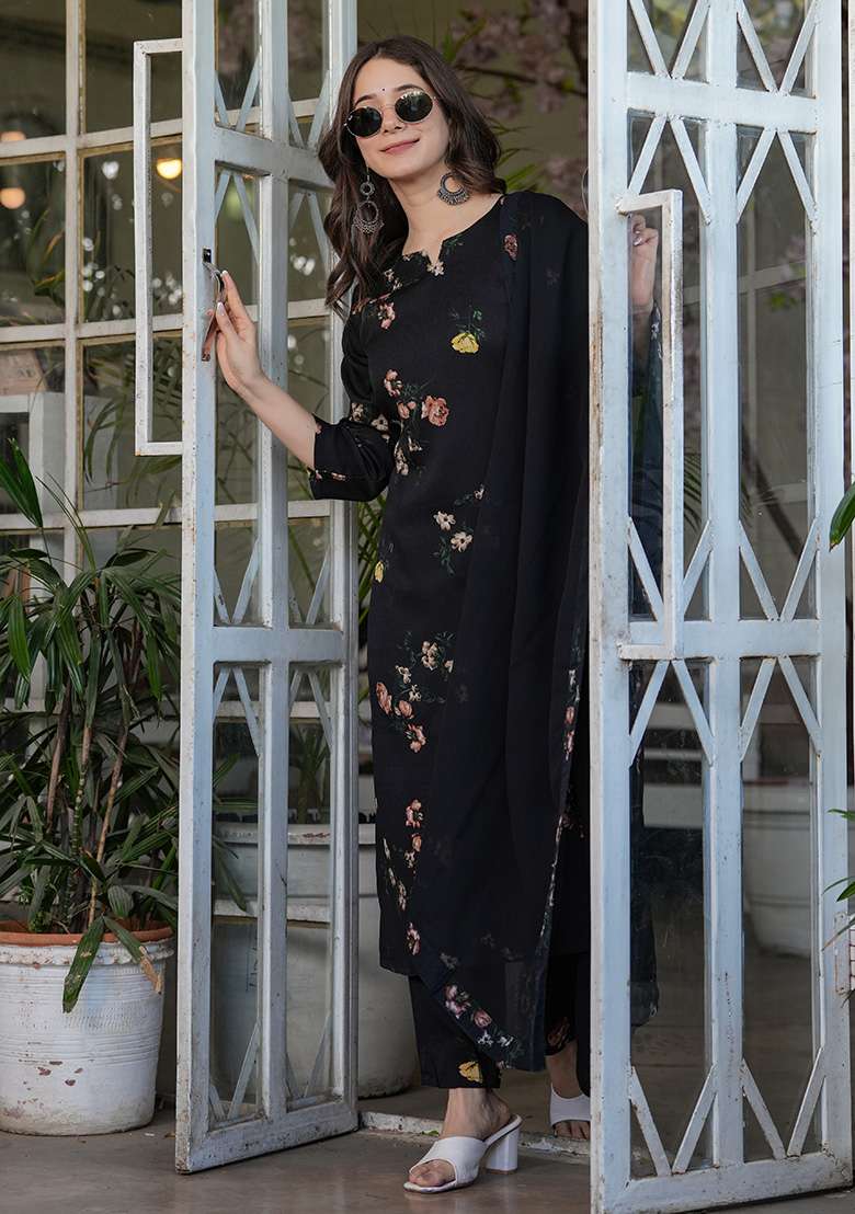 Black Floral Print Silk Straight Kurta Set - Indya