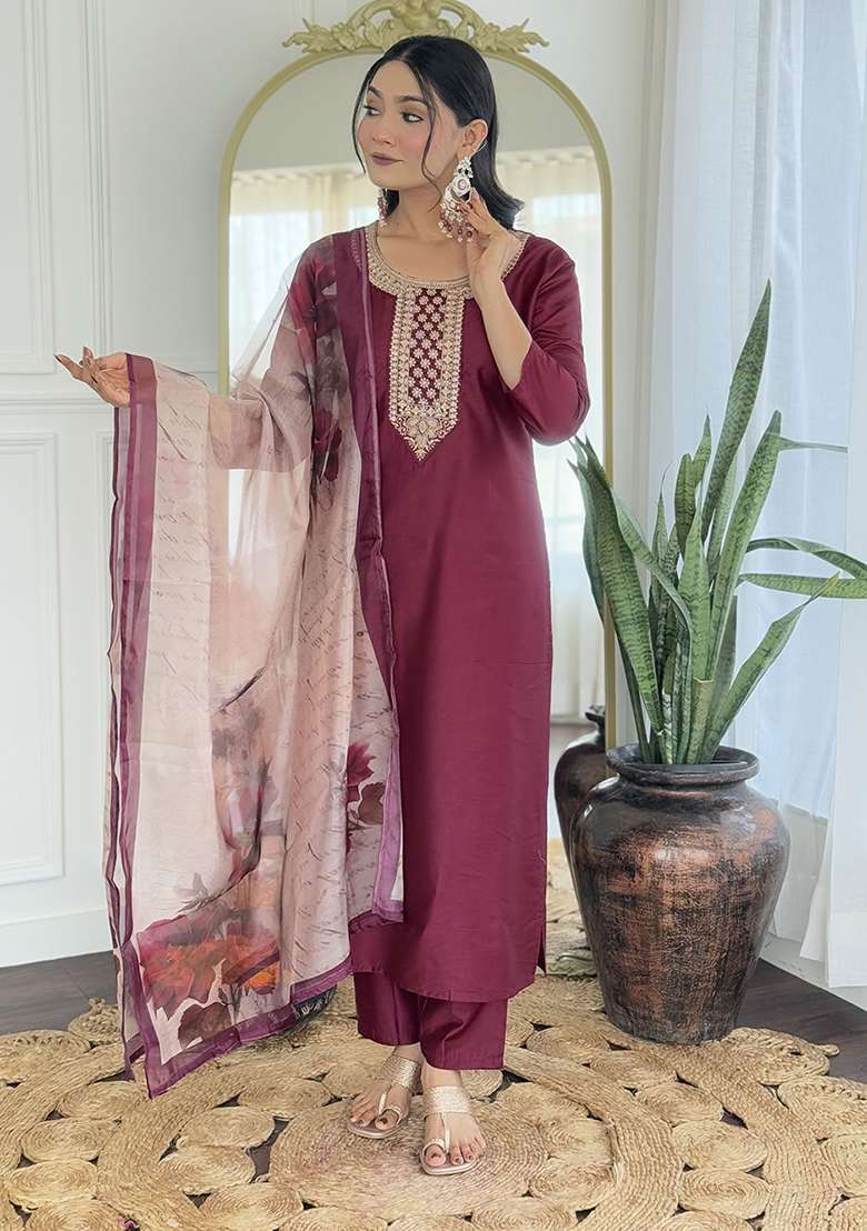 Maroon Embroidered Rayon Straight Kurta Set - Indya