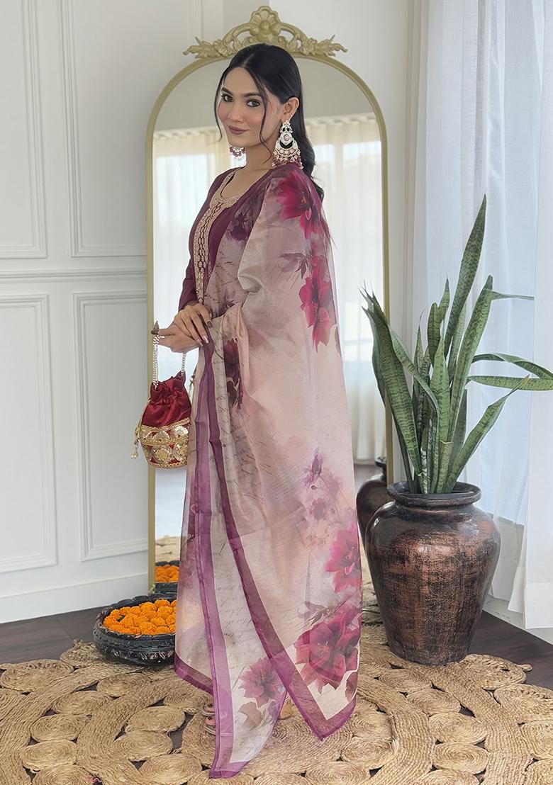 Maroon Embroidered Rayon Salwar Kameez With Dupatta