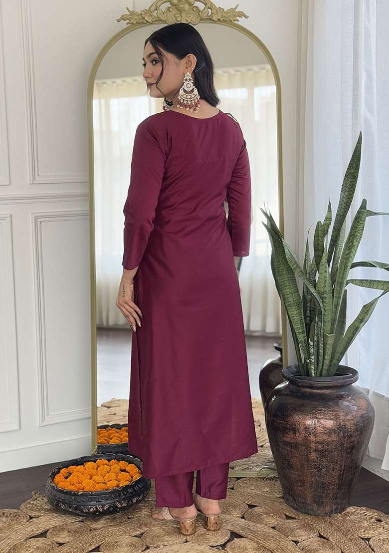 Maroon Embroidered Rayon Straight Kurta Set - Indya
