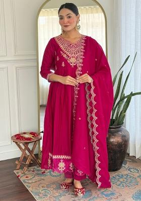 Rani Embroidered Silk Salwar Kameez With Dupatta