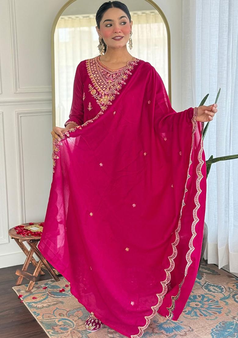 Rani Embroidered Silk Salwar Kameez With Dupatta