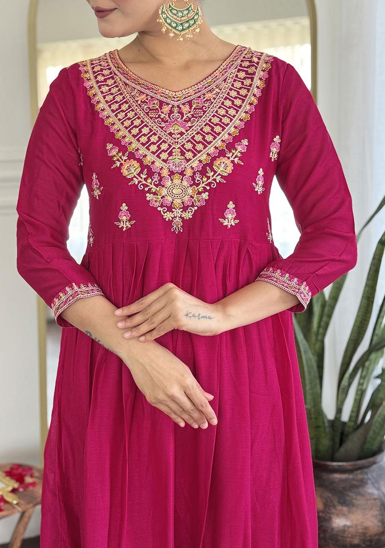 Rani Embroidered Silk Salwar Kameez With Dupatta