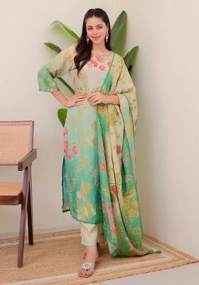 Green Embroidered Silk Salwar Kameez With Dupatta