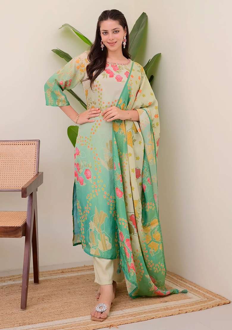 Green Embroidered Silk Salwar Kameez With Dupatta - Indya