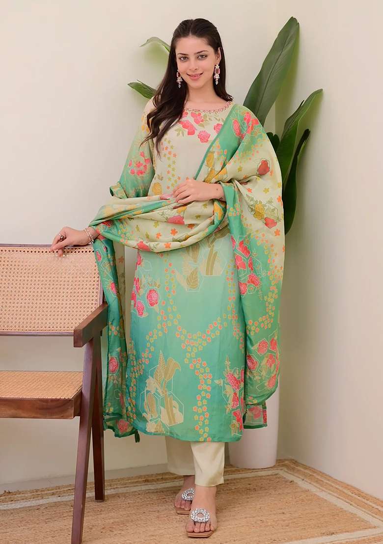 Green Embroidered Silk Salwar Kameez With Dupatta - Indya