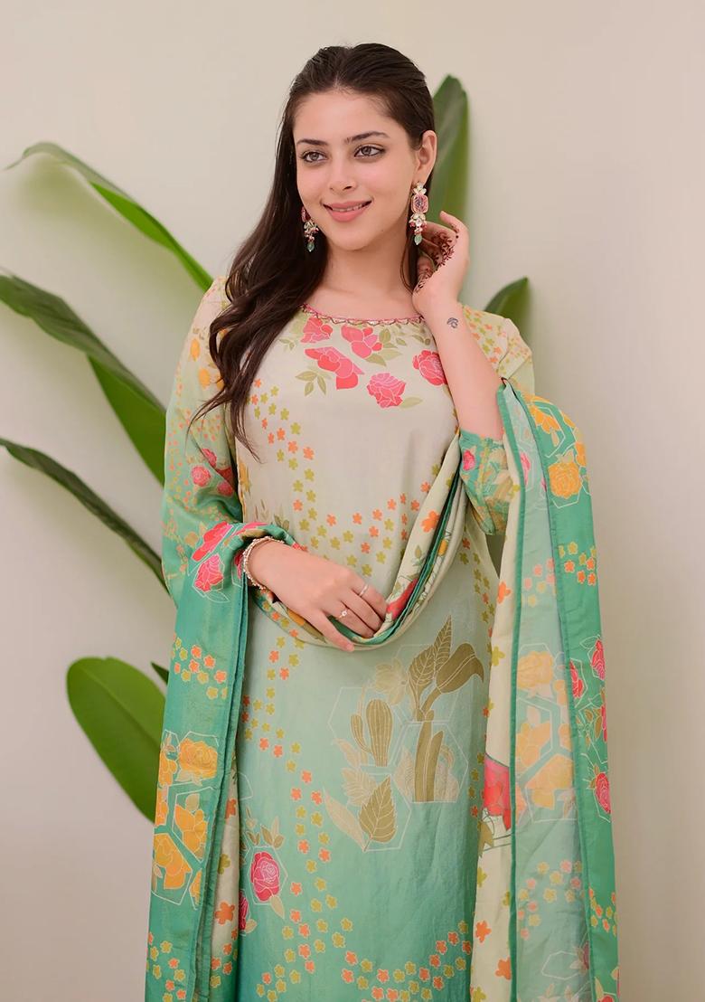 Green Embroidered Silk Salwar Kameez With Dupatta
