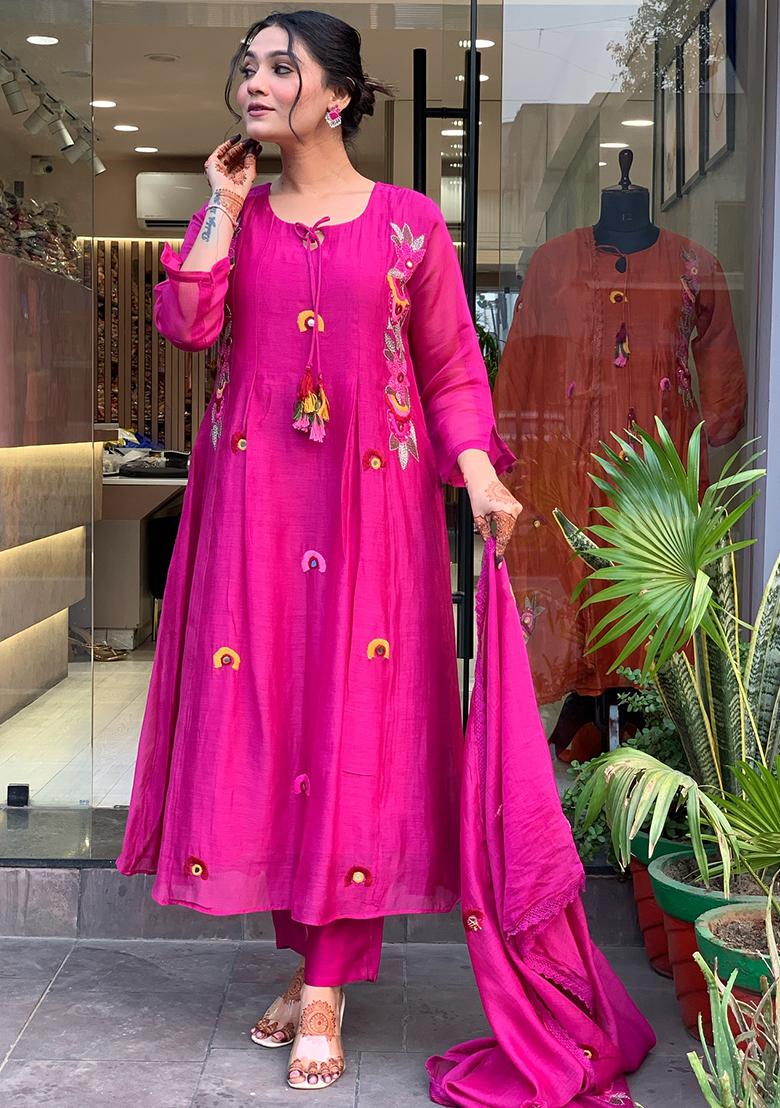 Pink Embroidered Silk Salwar Kameez With Dupatta