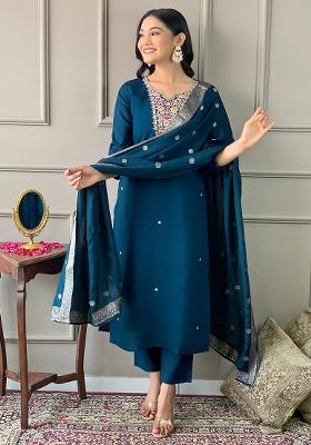 Blue Embroidered Chanderi Salwar Kameez With Dupatta