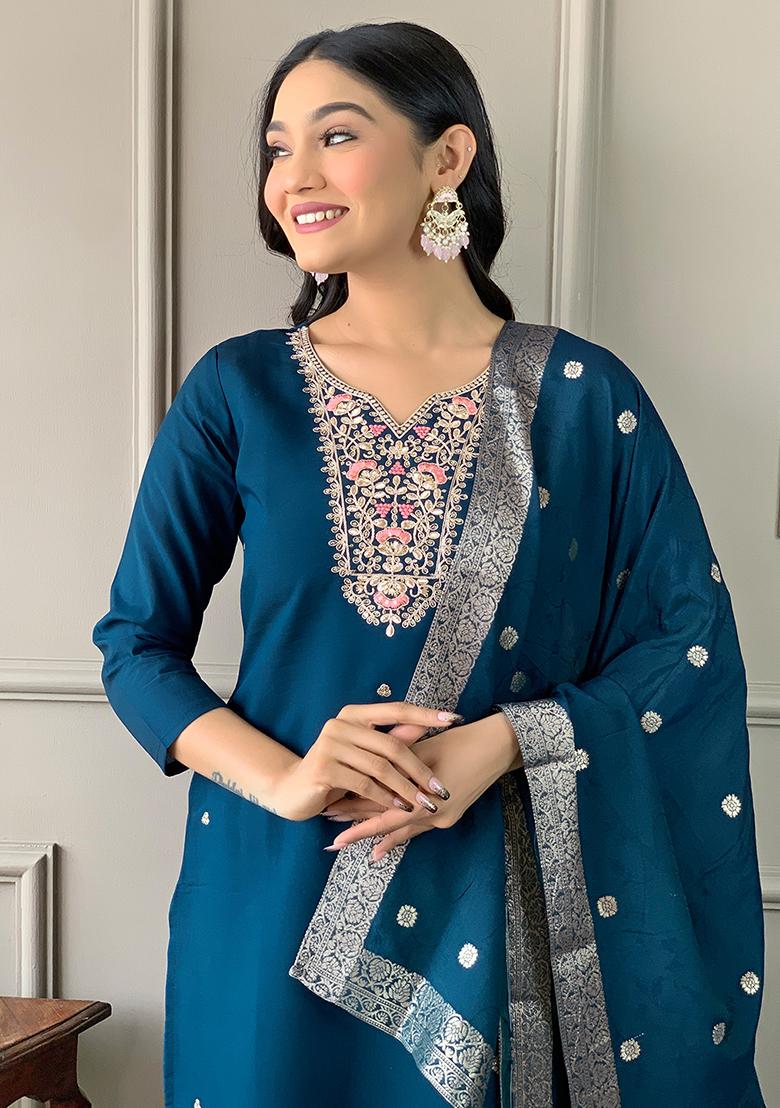 Blue Embroidered Chanderi Salwar Kameez With Dupatta
