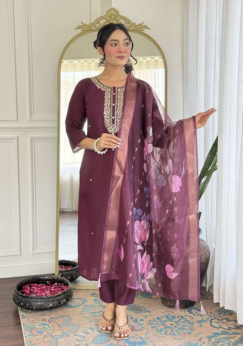 Wine Embroidered Rayon Straight Kurta Set - Indya