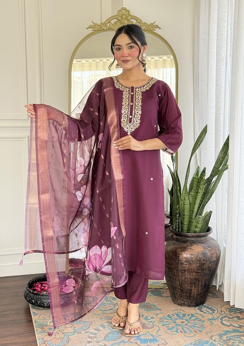 Wine Embroidered Rayon Salwar Kameez With Dupatta