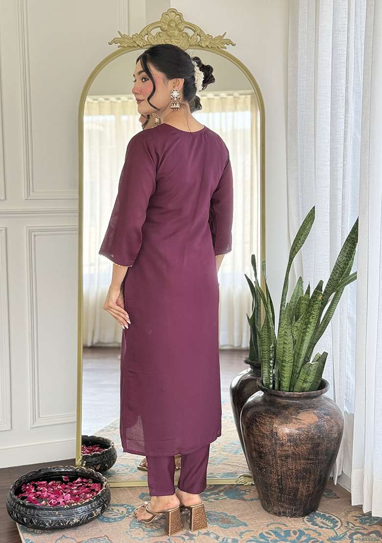 Wine Embroidered Rayon Straight Kurta Set - Indya