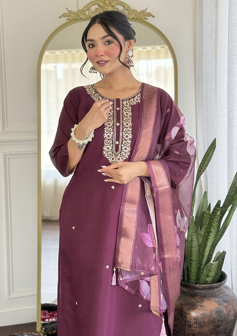 Wine Embroidered Rayon Salwar Kameez With Dupatta