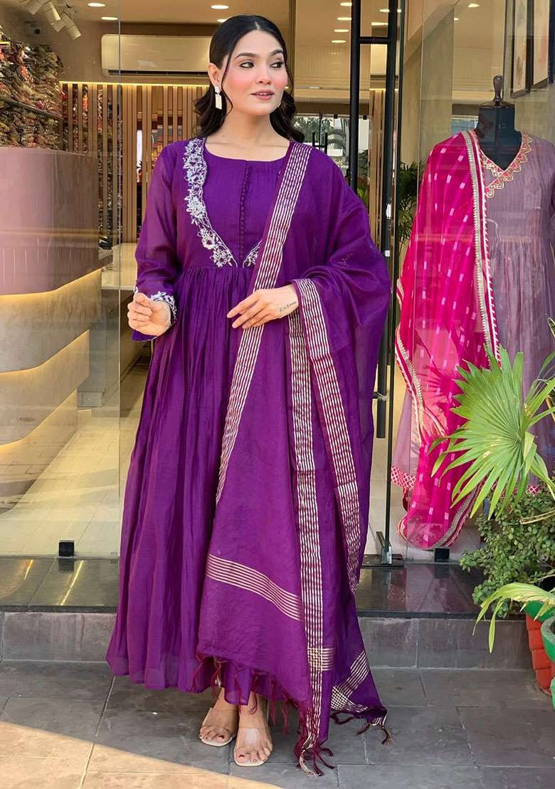 Wine Embroidered Chinon Anarkali Set - Indya