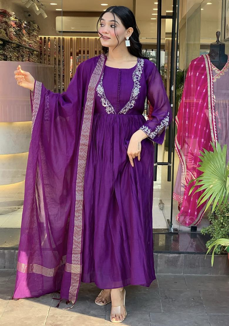 Wine Embroidered Chinon Salwar Kameez With Dupatta