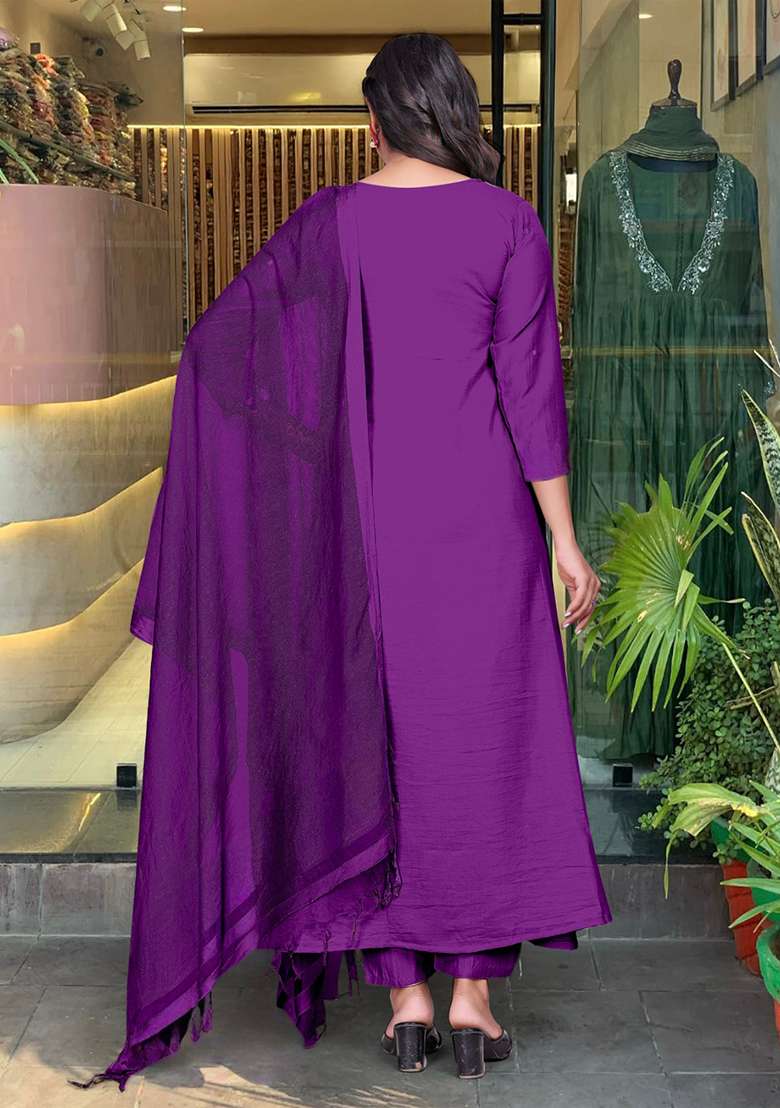 Wine Embroidered Chinon Anarkali Set - Indya