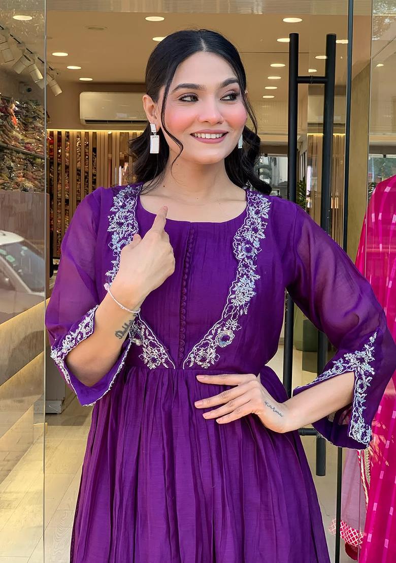 Wine Embroidered Chinon Salwar Kameez With Dupatta