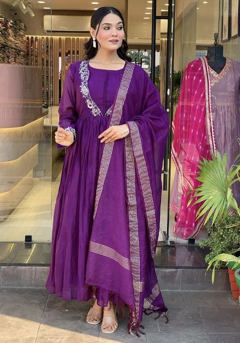 Wine Embroidered Chinon Salwar Kameez With Dupatta
