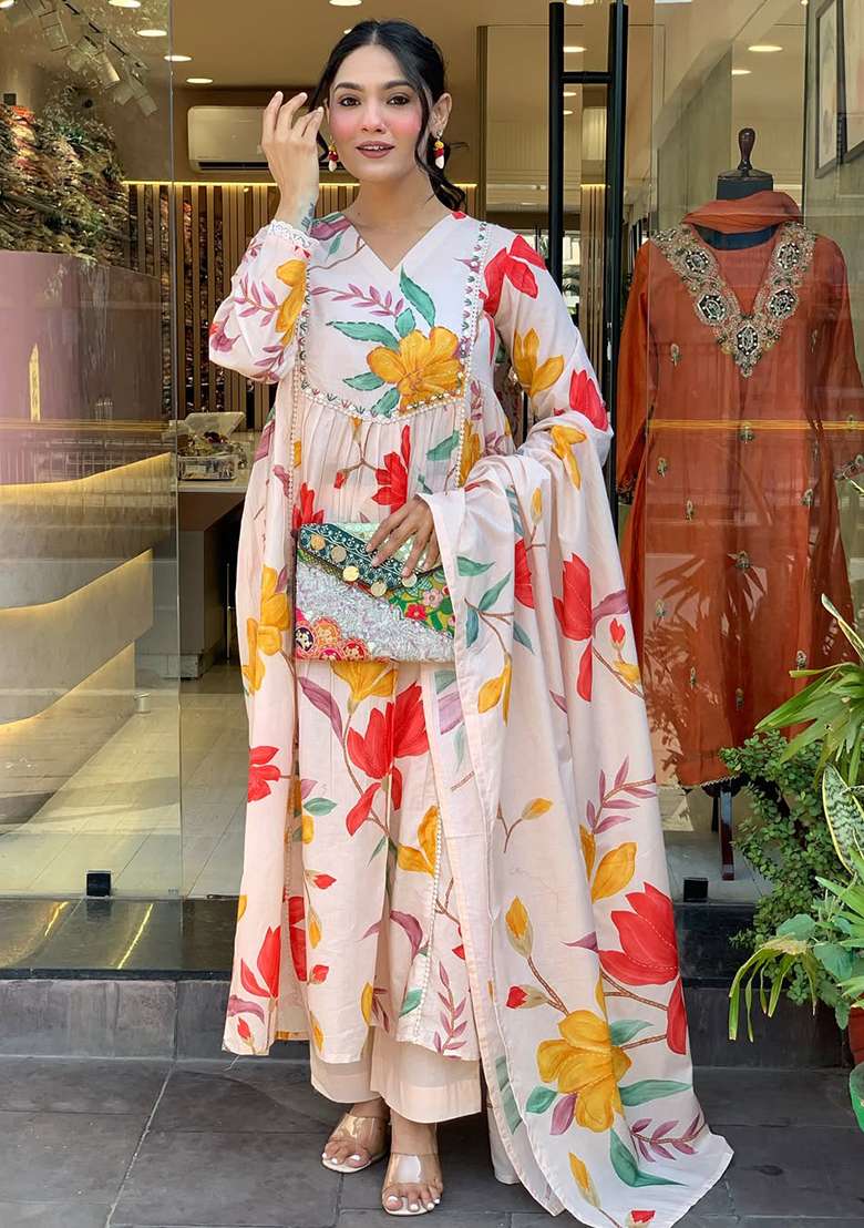 Off White Floral Print Cotton Anarkali Set - Indya
