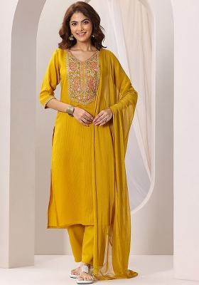 Yellow Embroidered Rayon Salwar Kameez With Dupatta