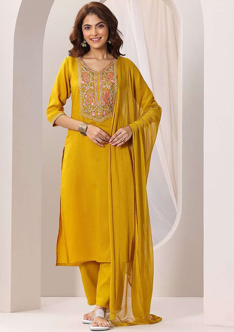 Yellow Embroidered Rayon Straight Kurta Set - Indya