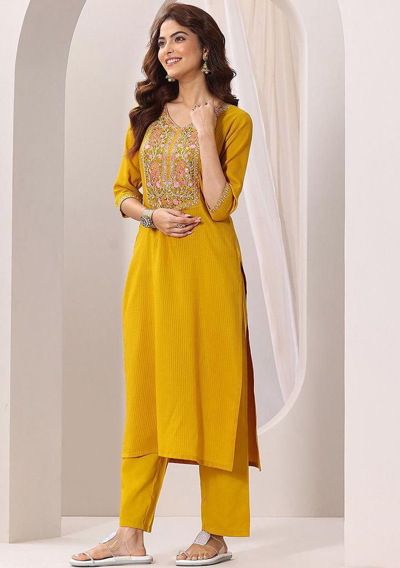 Yellow Embroidered Rayon Salwar Kameez With Dupatta