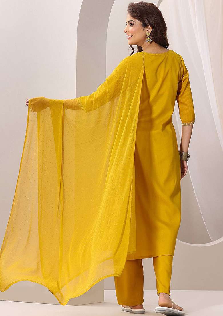 Yellow Embroidered Rayon Straight Kurta Set - Indya