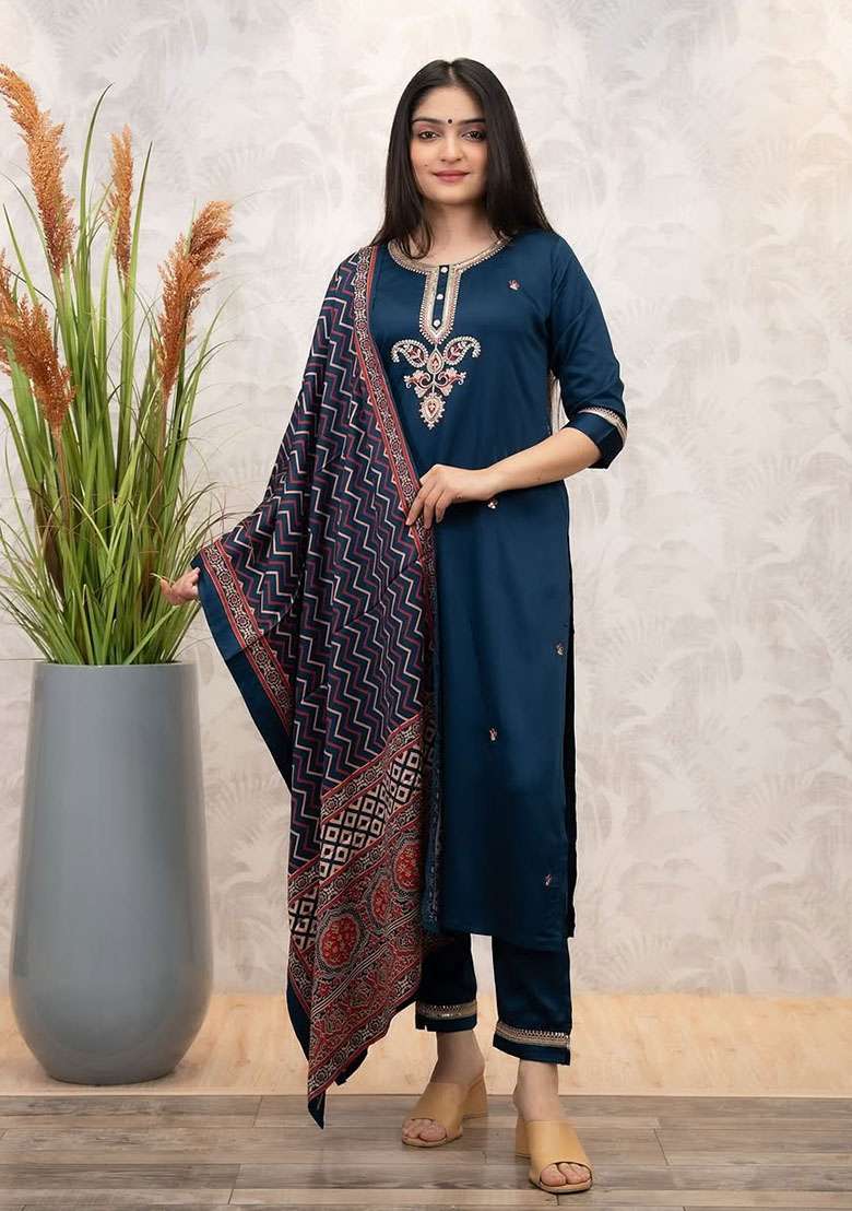 Blue Embroidered Silk Straight Kurta Set - Indya