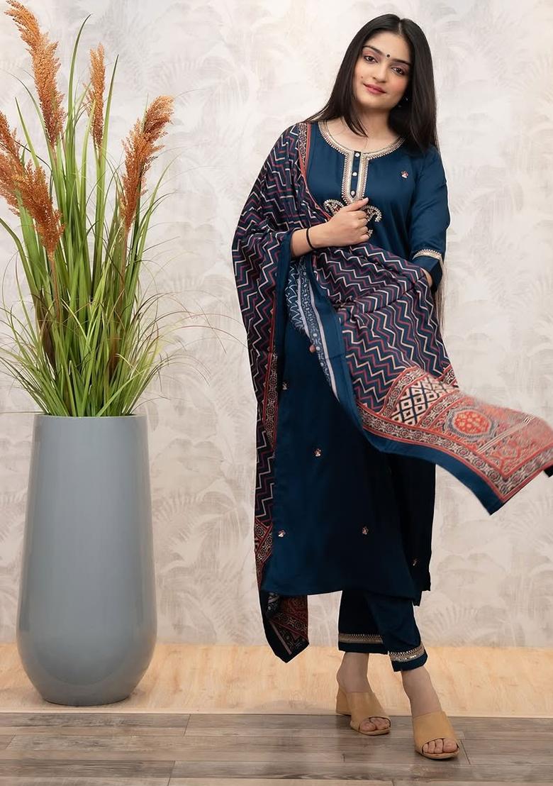 Blue Embroidered Silk Salwar Kameez With Dupatta