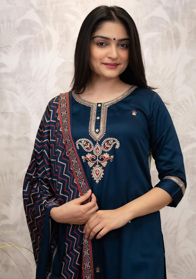 Blue Embroidered Silk Salwar Kameez With Dupatta