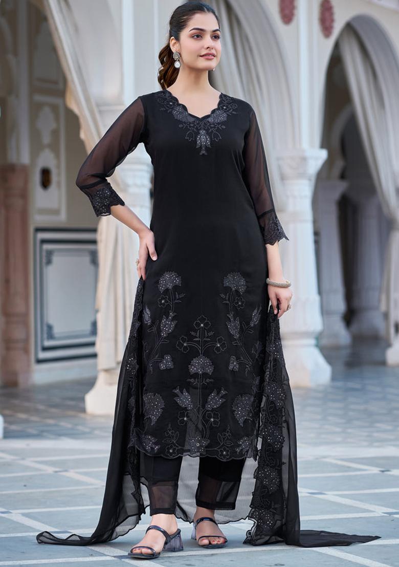 Black Embroidered Gerogette Salwar Kameez With Dupatta