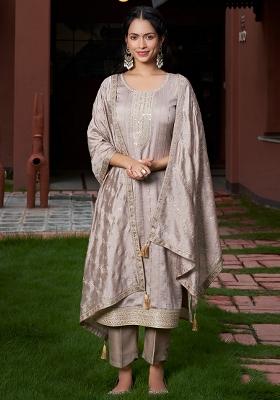 Silver Embroidered Silk Salwar Kameez With Dupatta