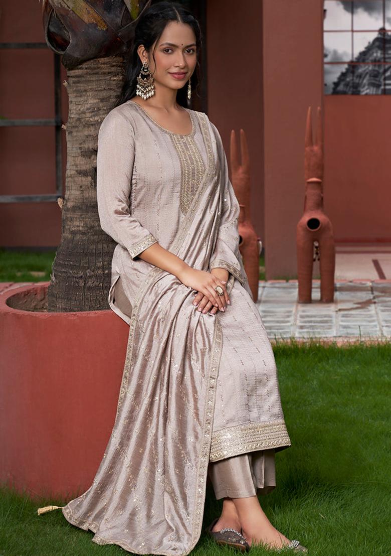 Silver Embroidered Silk Salwar Kameez With Dupatta