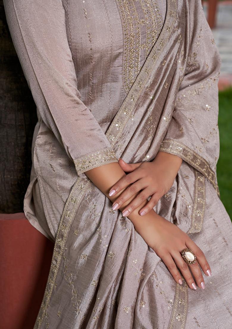 Silver Embroidered Silk Salwar Kameez With Dupatta