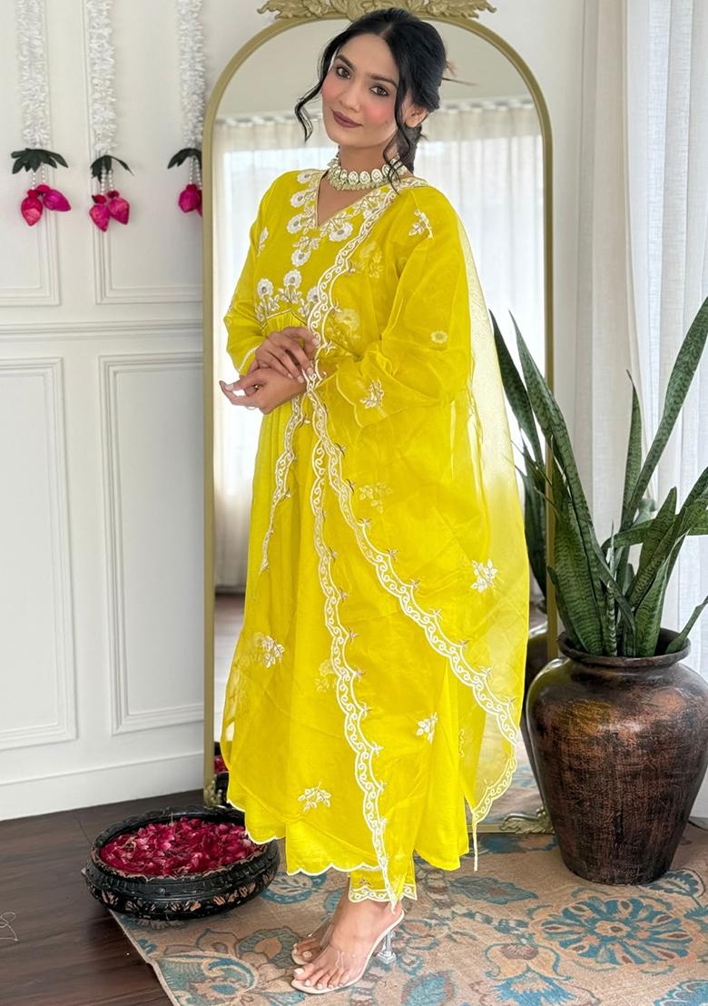 Lemon Yellow Embroidered Silk Salwar Kameez With Dupatta