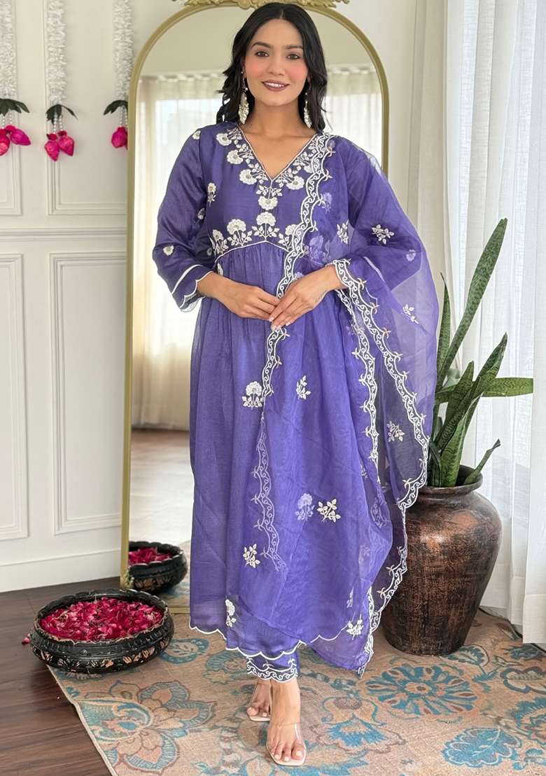 Lavender Embroidered Silk Anarkali Set - Indya